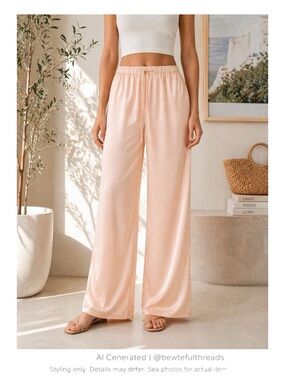 Soft Peach Satin Wide Leg Pants Resort Lounge Minimalist Chic